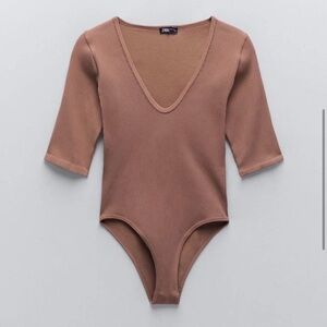 zara half sleeve ribbed v neck bodysuit